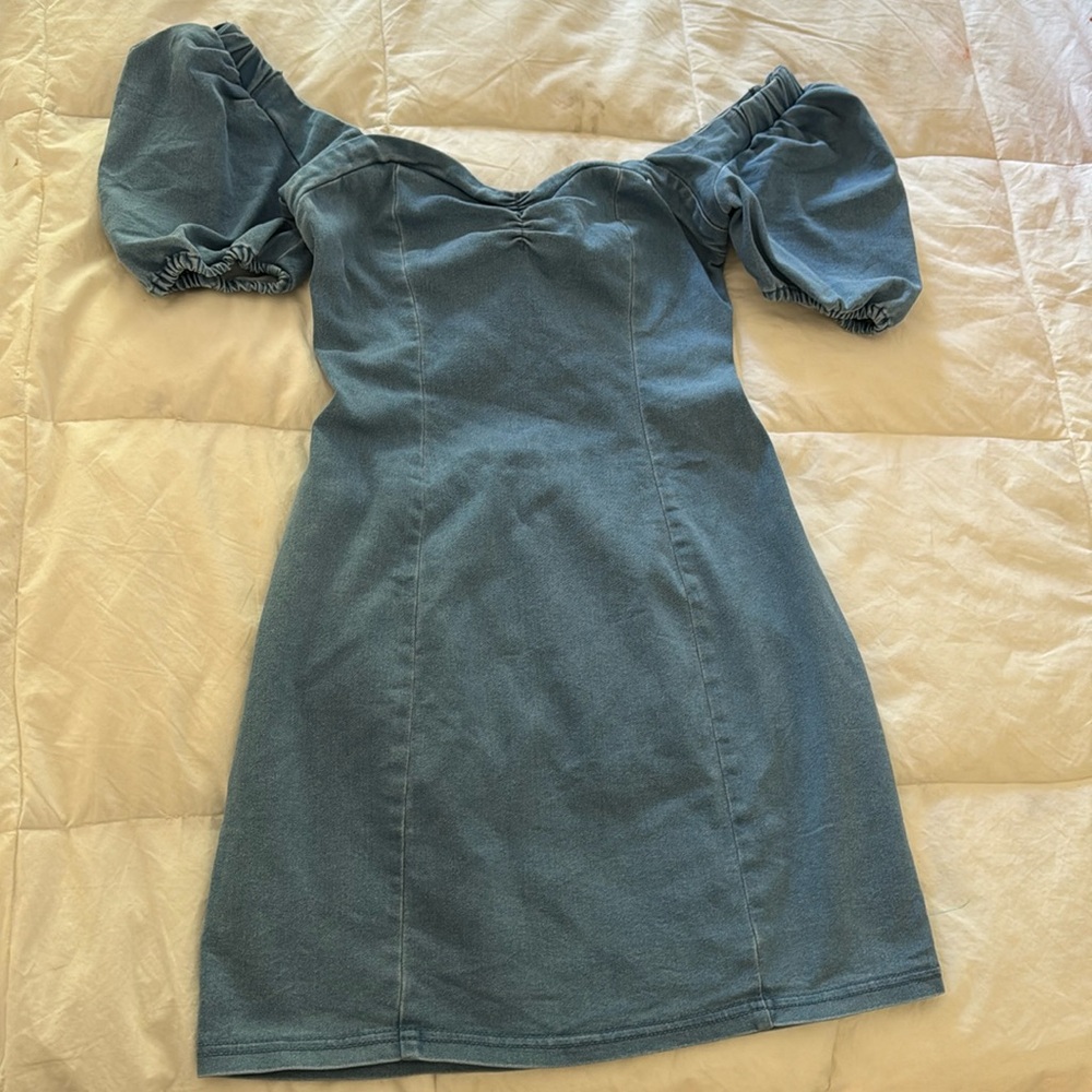Denim Heart-Lined Dress with Puff Sleeves
